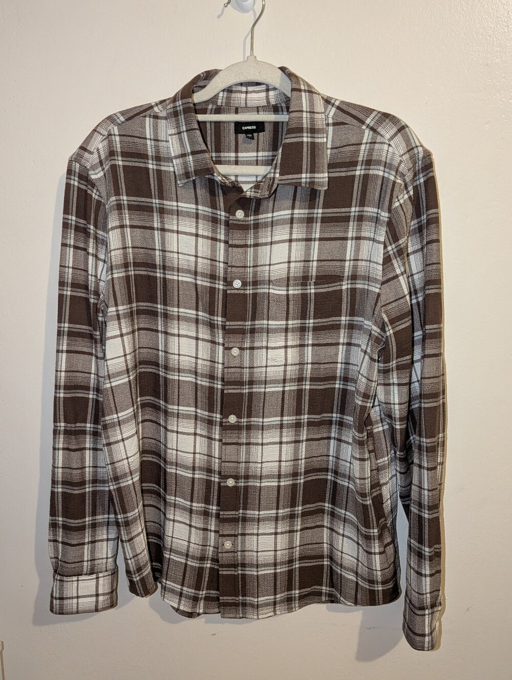 Express Brown and White Plaid Button-Down Shirt Size M